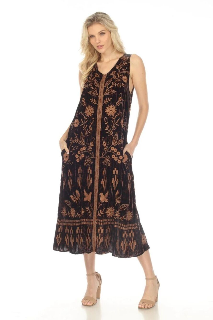 Johnny Was Womens Dress Georgina Velvet Maxi Embroidered V-Neck Olive Medium
